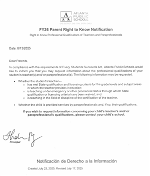 Parents Right To Know Information SY 2025